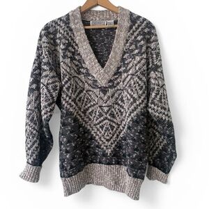 Vintage METHOD Textured Knit Sweater V Neck Geometric Taupe Black Size Large